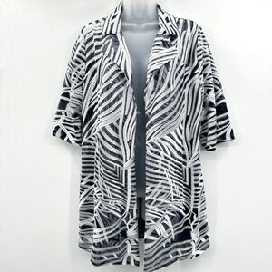 Chico's Travelers Printed Strip Jacket Sz 1 M 8-10 Navy Silver Mesh Embroidered